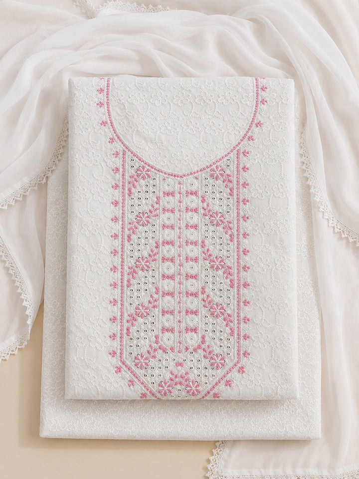 White Pink Embroidered Cotton Blend Unstitched Suit &amp; Pant With Cotton Dupatta
