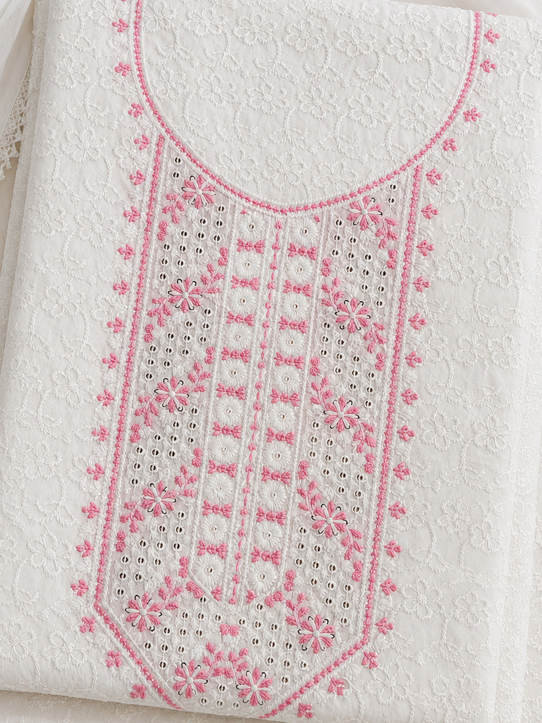 White Pink Embroidered Cotton Blend Unstitched Suit &amp; Pant With Cotton Dupatta