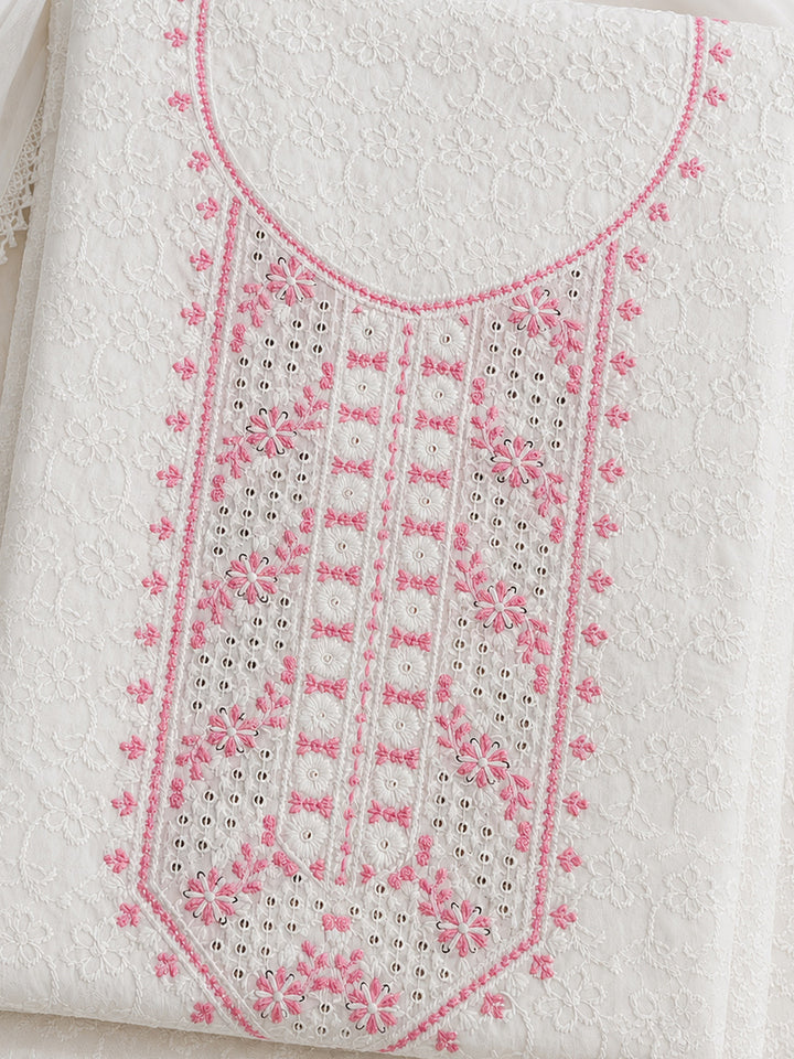 White Pink Embroidered Cotton Blend Unstitched Suit &amp; Pant With Cotton Dupatta