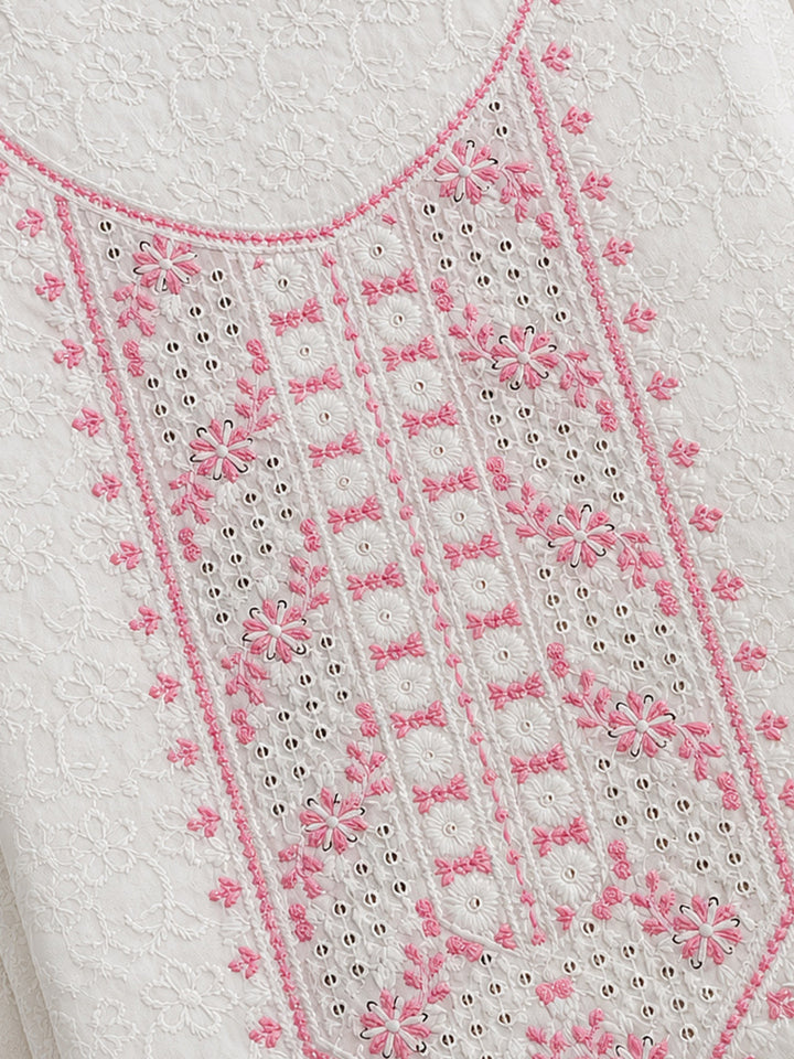 White Pink Embroidered Cotton Blend Unstitched Suit &amp; Pant With Cotton Dupatta