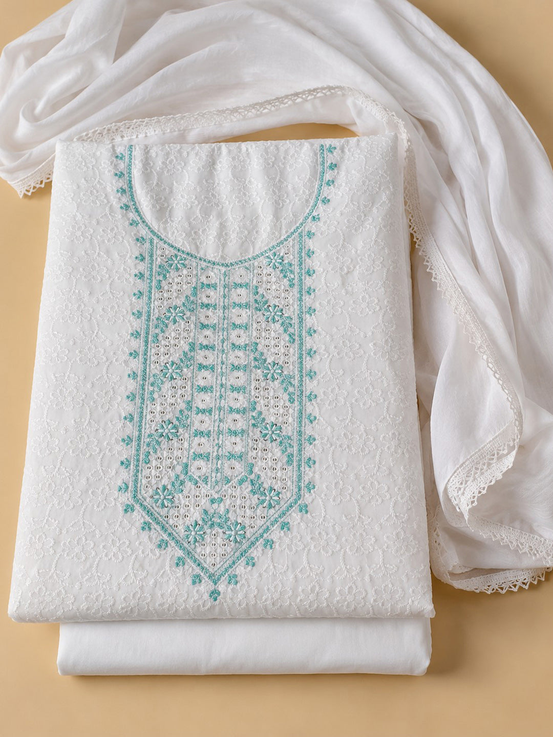 White Sea Green Embroidered Cotton Blend Unstitched Suit &amp; Pant With Cotton Dupatta