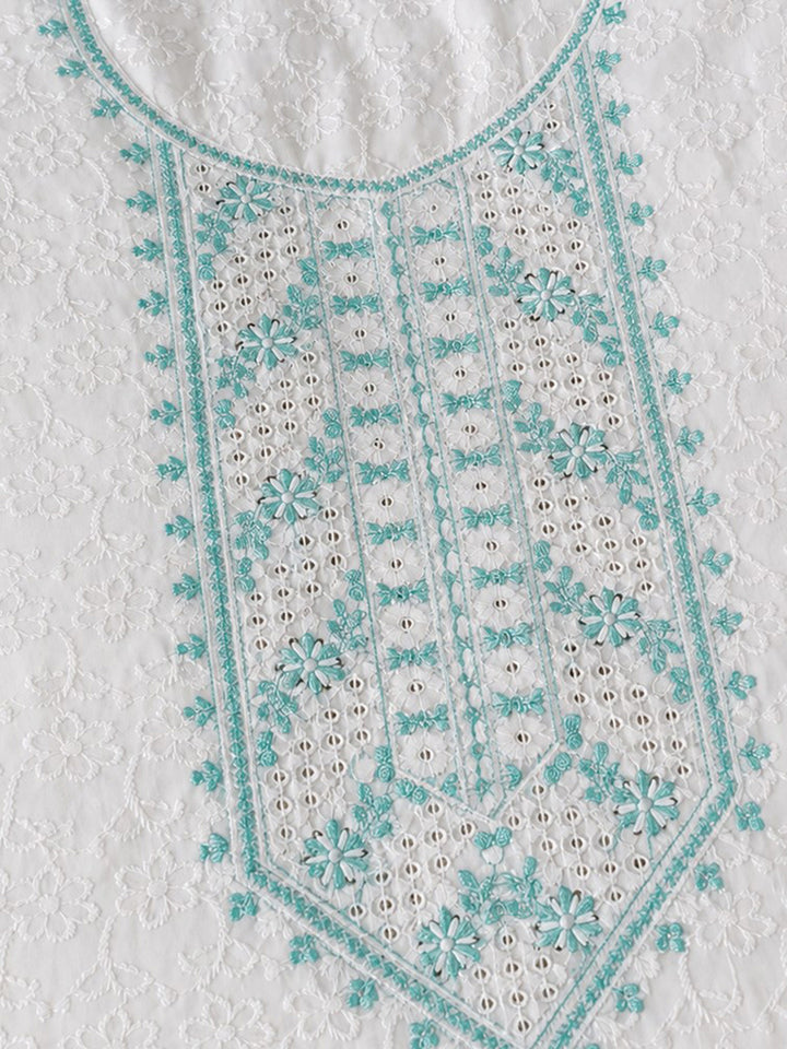 White Sea Green Embroidered Cotton Blend Unstitched Suit &amp; Pant With Cotton Dupatta