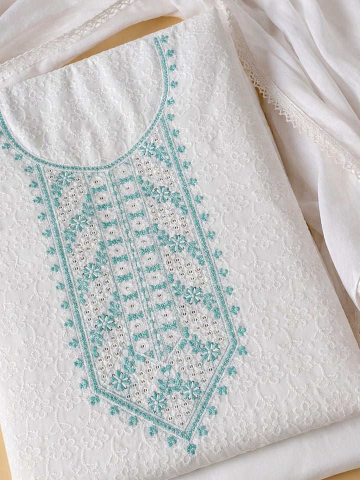 White Sea Green Embroidered Cotton Blend Unstitched Suit &amp; Pant With Cotton Dupatta