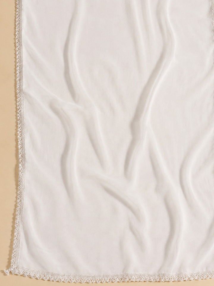 White Sea Green Embroidered Cotton Blend Unstitched Suit &amp; Pant With Cotton Dupatta