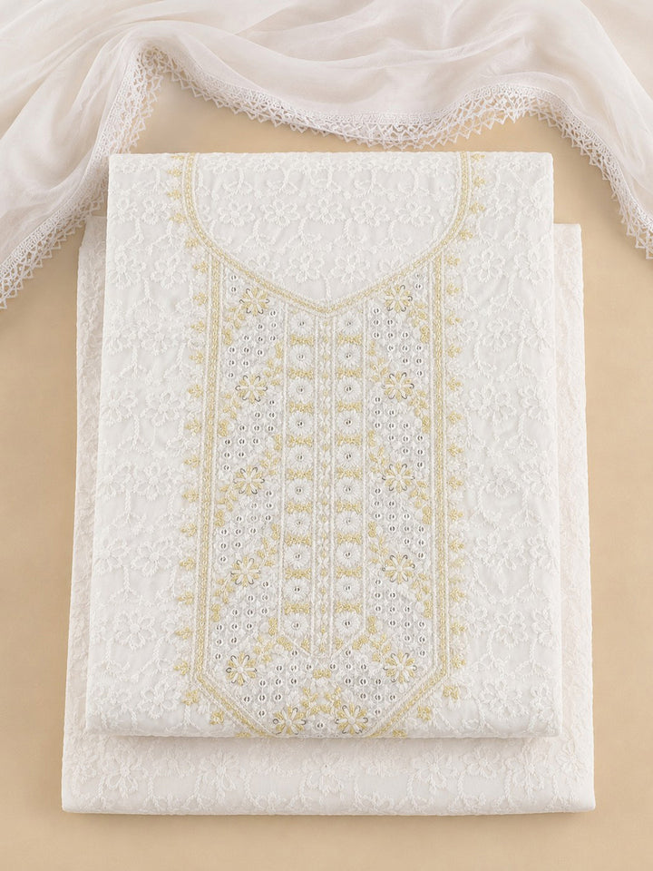 White Yellow Embroidered Cotton Blend Unstitched Suit &amp; Pant With Cotton Dupatta