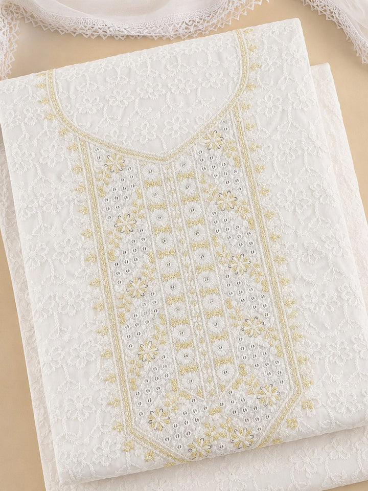 White Yellow Embroidered Cotton Blend Unstitched Suit &amp; Pant With Cotton Dupatta