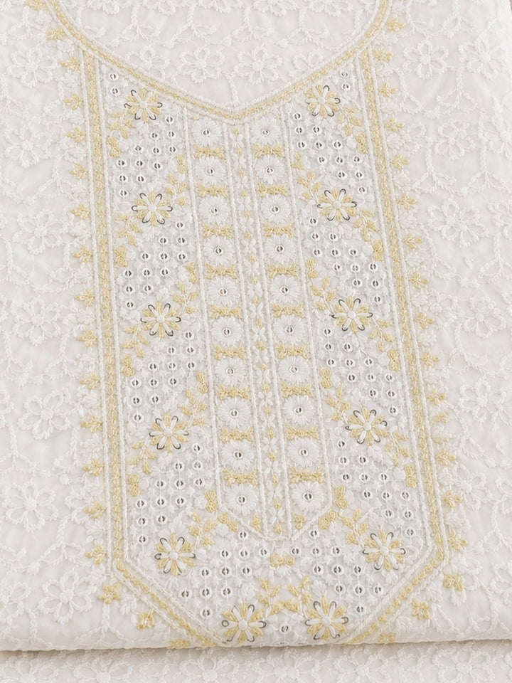 White Yellow Embroidered Cotton Blend Unstitched Suit &amp; Pant With Cotton Dupatta