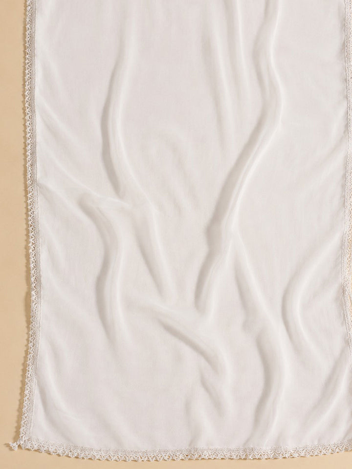 White Yellow Embroidered Cotton Blend Unstitched Suit &amp; Pant With Cotton Dupatta