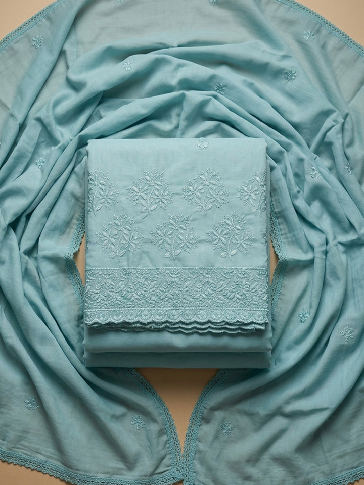 Aqua Blue Embroidered Cotton Blend Unstitched Suit &amp; Pant With Cotton Dupatta