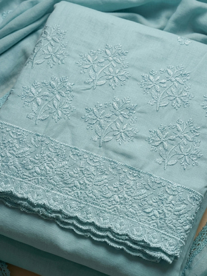 Aqua Blue Embroidered Cotton Blend Unstitched Suit &amp; Pant With Cotton Dupatta