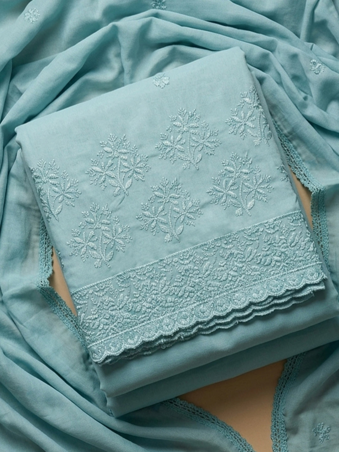 Aqua Blue Embroidered Cotton Blend Unstitched Suit &amp; Pant With Cotton Dupatta