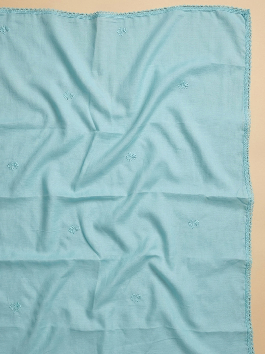 Aqua Blue Embroidered Cotton Blend Unstitched Suit &amp; Pant With Cotton Dupatta