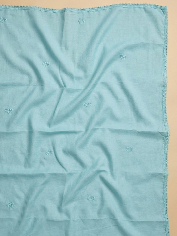 Aqua Blue Embroidered Cotton Blend Unstitched Suit &amp; Pant With Cotton Dupatta