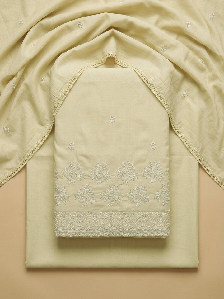 Lime Green Embroidered Cotton Blend Unstitched Suit &amp; Pant With Cotton Dupatta
