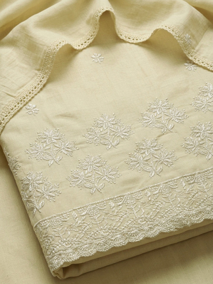 Lime Green Embroidered Cotton Blend Unstitched Suit &amp; Pant With Cotton Dupatta