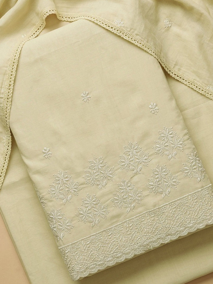 Lime Green Embroidered Cotton Blend Unstitched Suit &amp; Pant With Cotton Dupatta