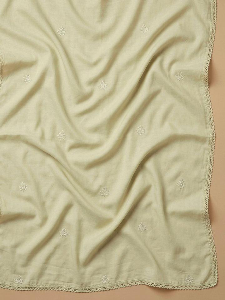 Lime Green Embroidered Cotton Blend Unstitched Suit &amp; Pant With Cotton Dupatta