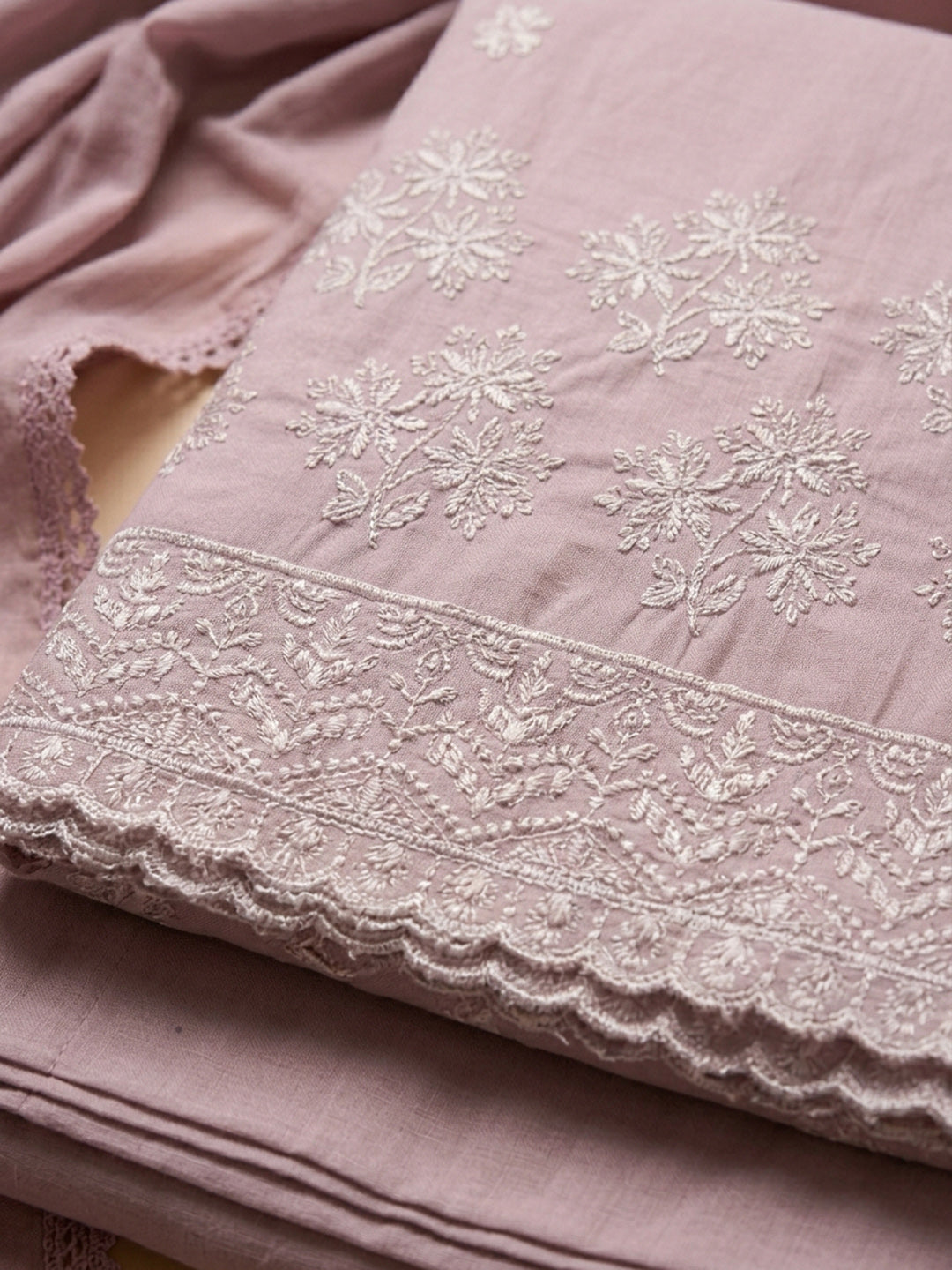 Onion Pink Embroidered Cotton Blend Unstitched Suit &amp; Pant With Cotton Dupatta