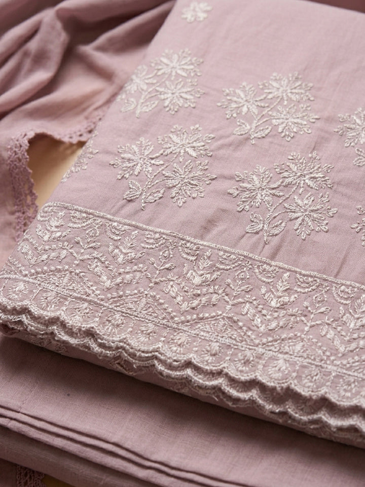 Onion Pink Embroidered Cotton Blend Unstitched Suit &amp; Pant With Cotton Dupatta