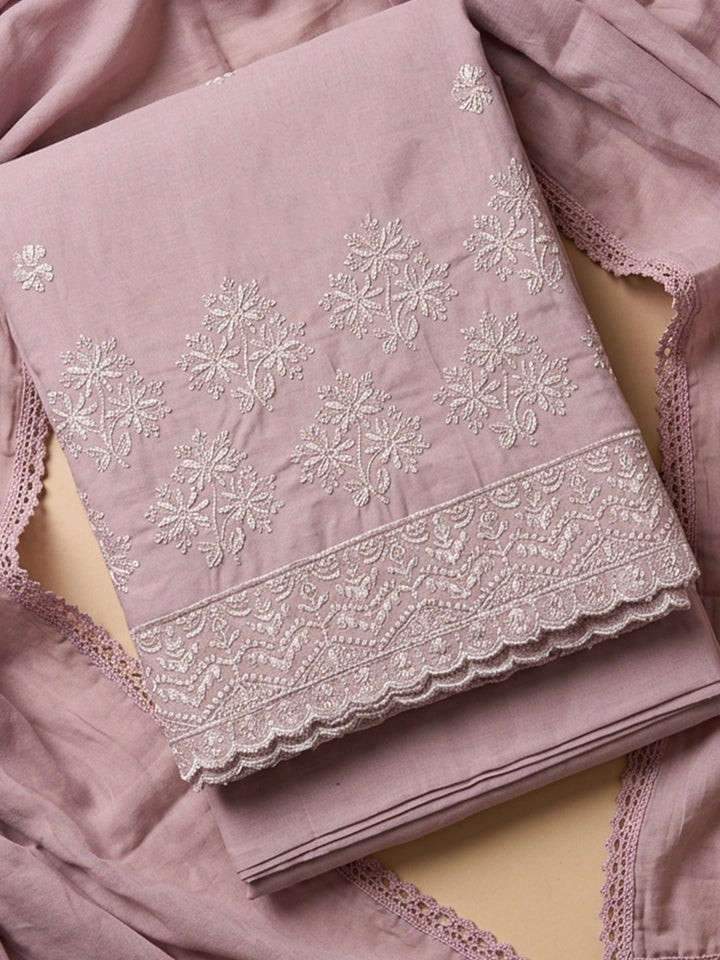Onion Pink Embroidered Cotton Blend Unstitched Suit &amp; Pant With Cotton Dupatta