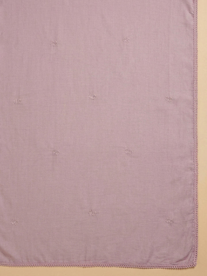 Onion Pink Embroidered Cotton Blend Unstitched Suit &amp; Pant With Cotton Dupatta