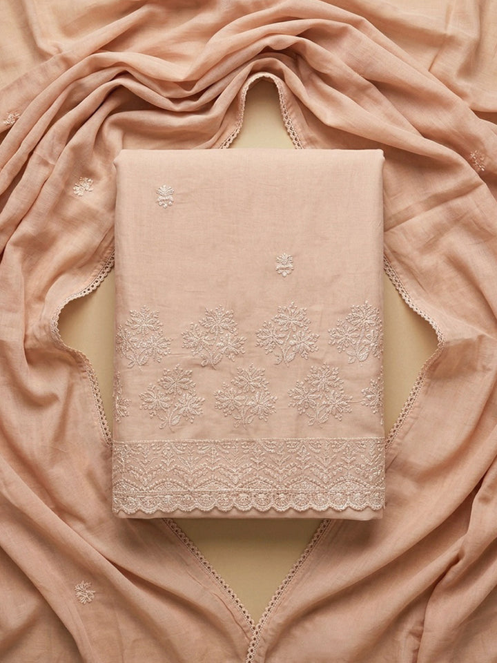 Peach Embroidered Cotton Blend Unstitched Suit &amp; Pant With Cotton Dupatta