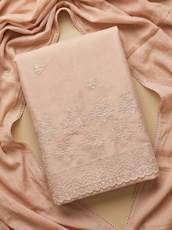 Peach Embroidered Cotton Blend Unstitched Suit &amp; Pant With Cotton Dupatta