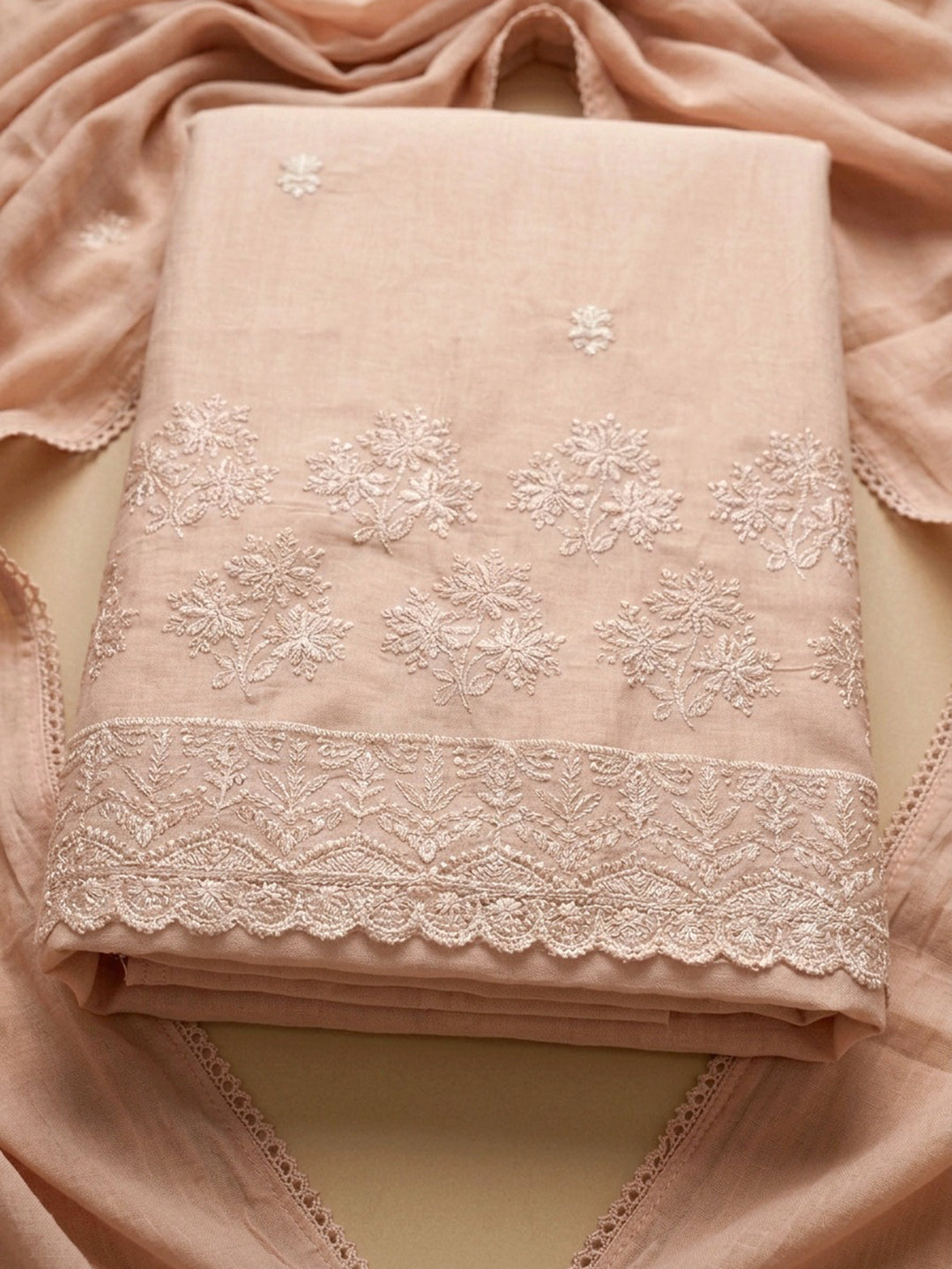Peach Embroidered Cotton Blend Unstitched Suit &amp; Pant With Cotton Dupatta