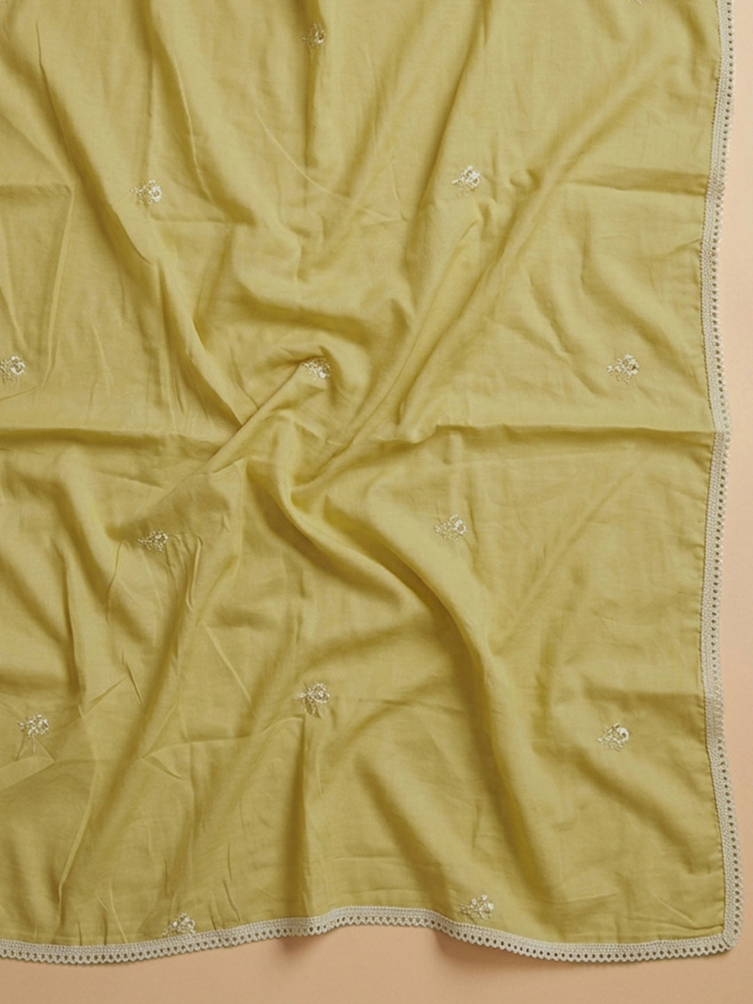 Cream Mustard Printed Cotton Blend Unstitched Suit &amp; Pant With Cotton Dupatta