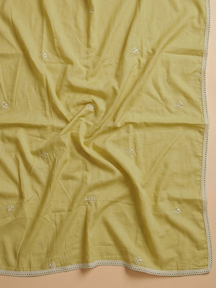 Cream Mustard Printed Cotton Blend Unstitched Suit &amp; Pant With Cotton Dupatta