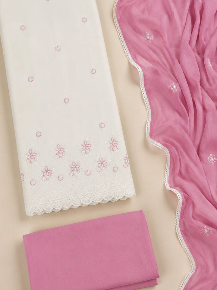 Cream Pink Printed Cotton Blend Unstitched Suit &amp; Pant With Cotton Dupatta