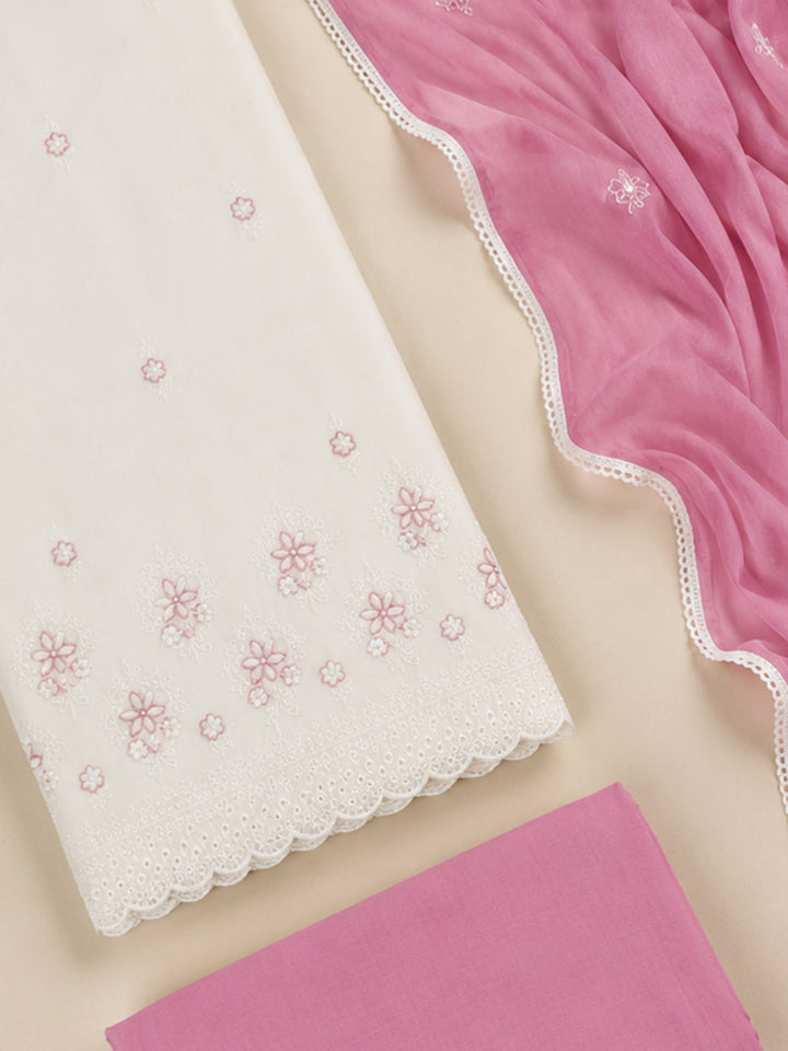 Cream Pink Printed Cotton Blend Unstitched Suit &amp; Pant With Cotton Dupatta