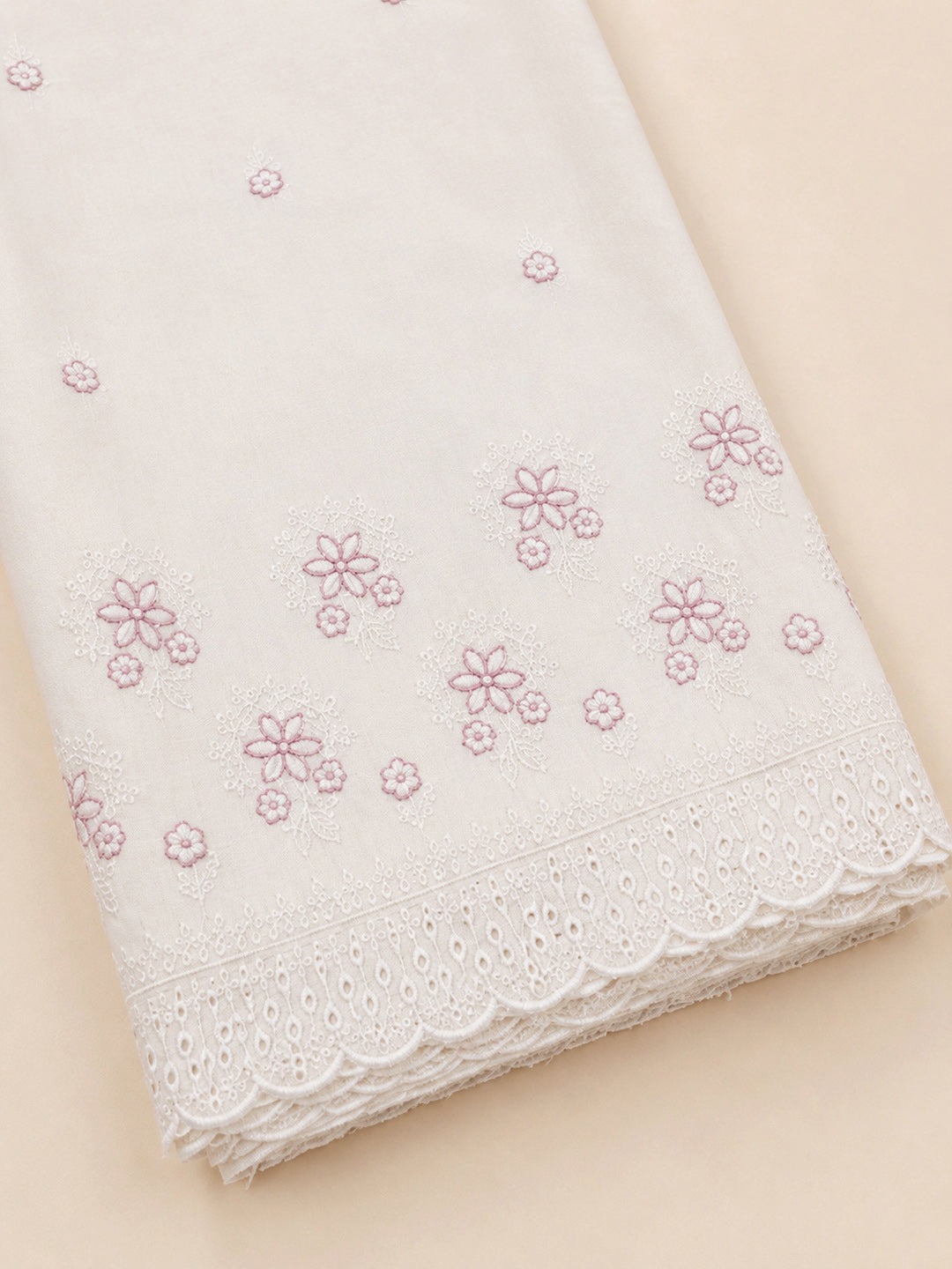 Cream Pink Printed Cotton Blend Unstitched Suit &amp; Pant With Cotton Dupatta