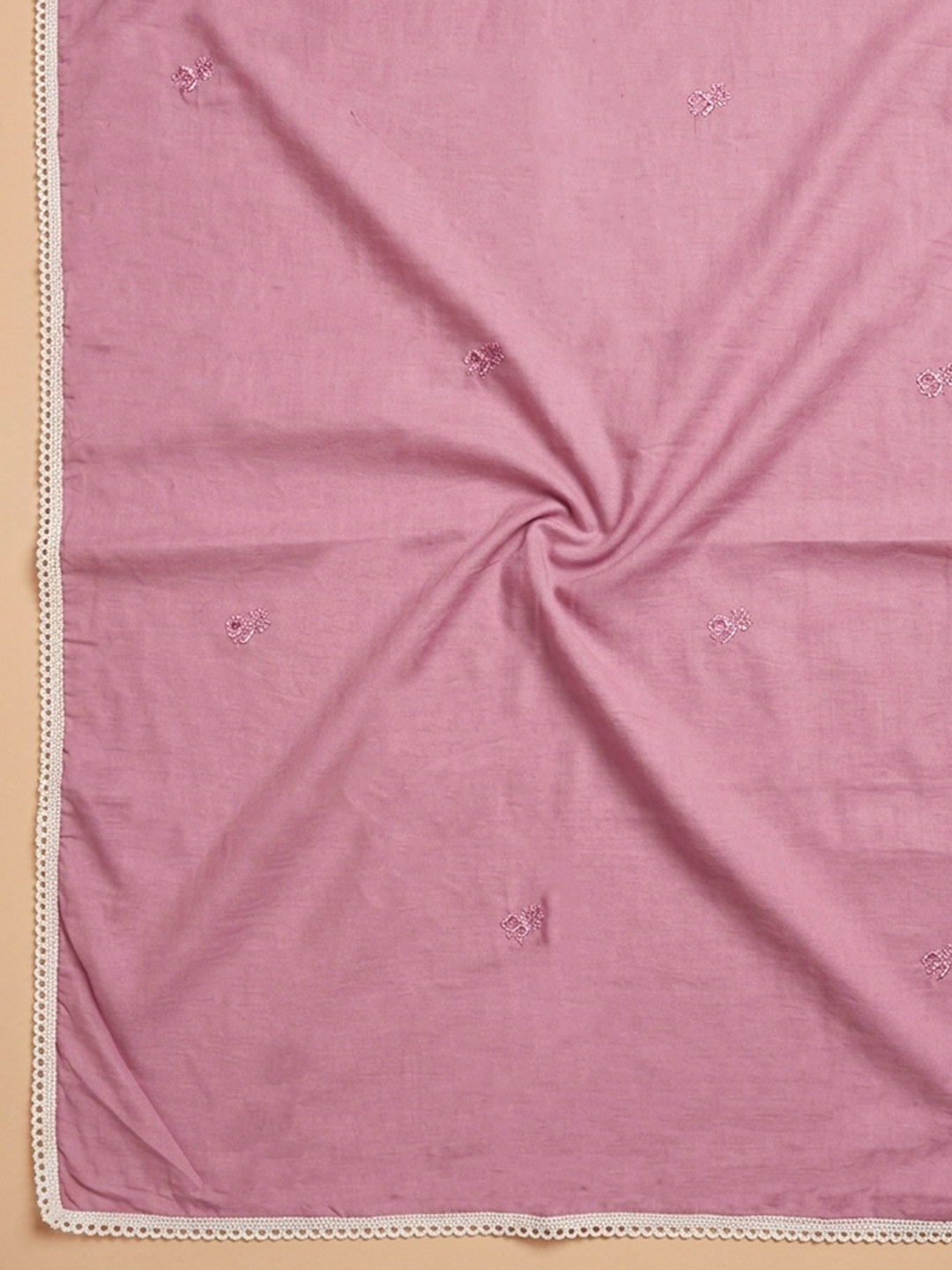 Cream Pink Printed Cotton Blend Unstitched Suit &amp; Pant With Cotton Dupatta