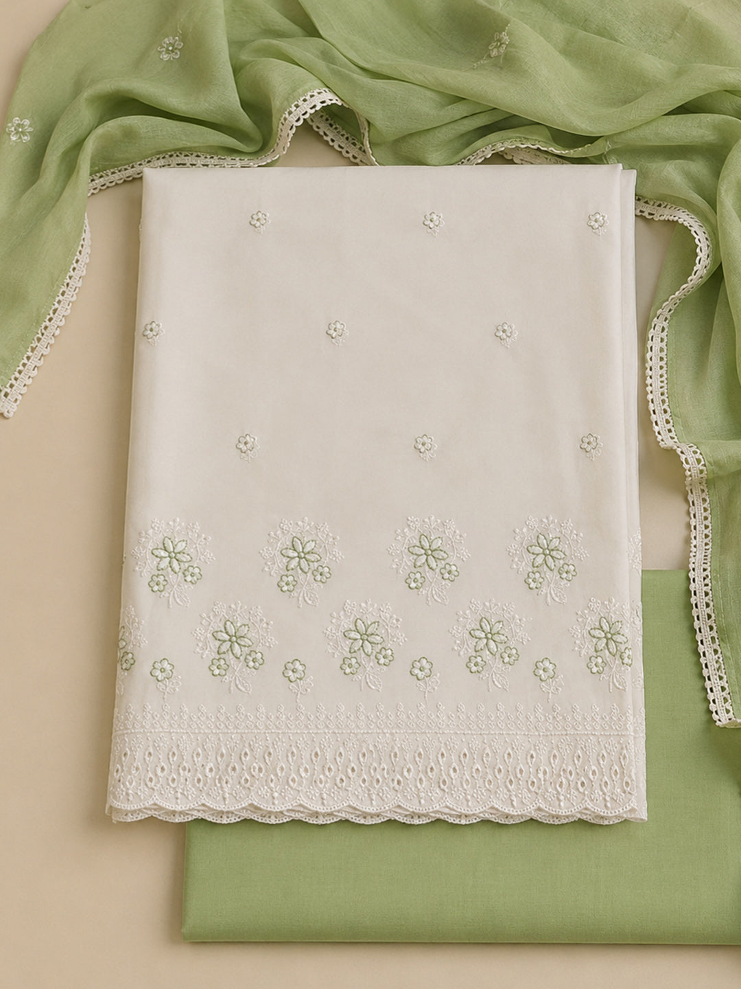 Cream Pista Green Printed Cotton Blend Unstitched Suit &amp; Pant With Cotton Dupatta