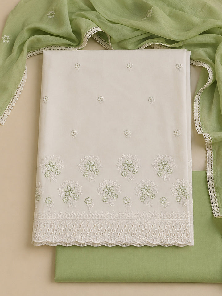 Cream Pista Green Printed Cotton Blend Unstitched Suit &amp; Pant With Cotton Dupatta