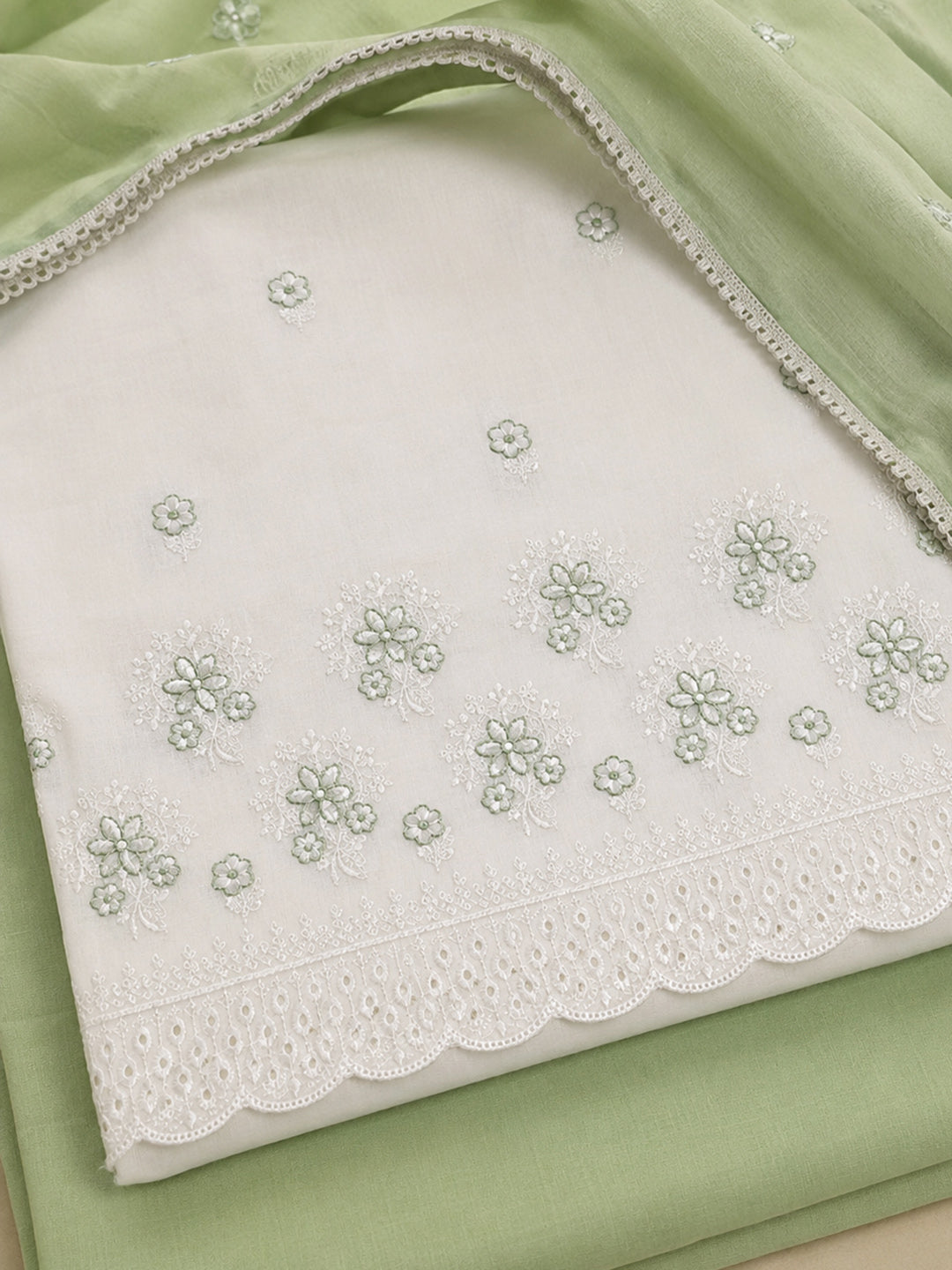 Cream Pista Green Printed Cotton Blend Unstitched Suit &amp; Pant With Cotton Dupatta