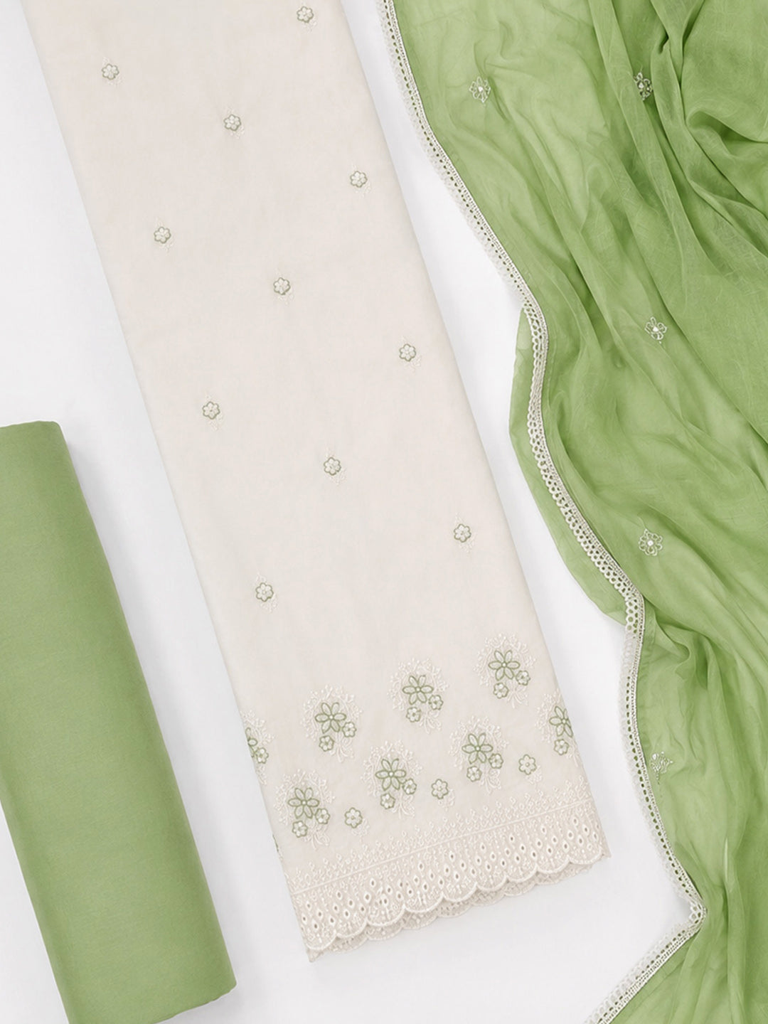 Cream Pista Green Printed Cotton Blend Unstitched Suit &amp; Pant With Cotton Dupatta