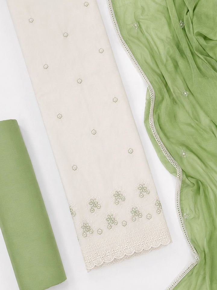 Cream Pista Green Printed Cotton Blend Unstitched Suit &amp; Pant With Cotton Dupatta