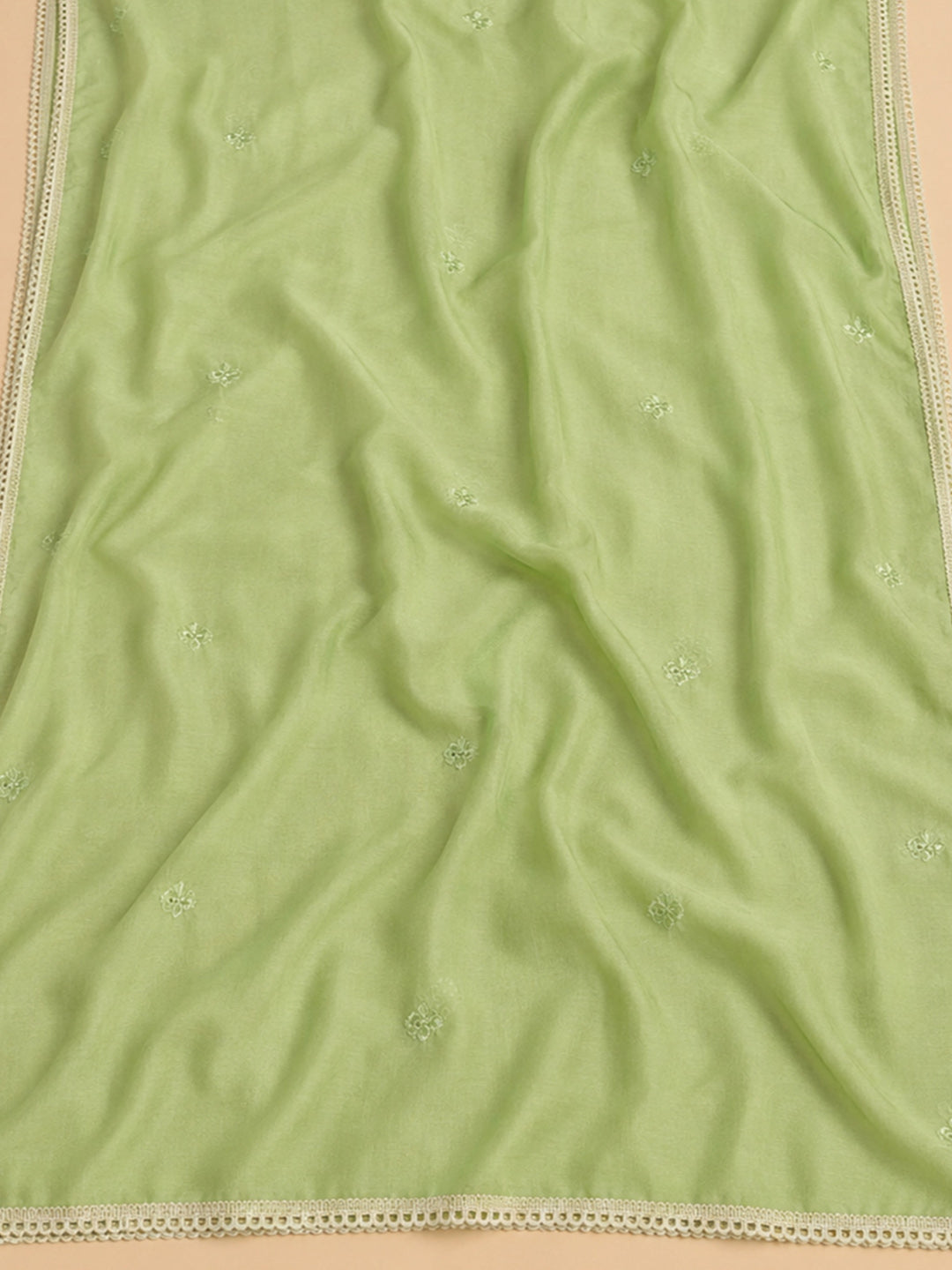 Cream Pista Green Printed Cotton Blend Unstitched Suit &amp; Pant With Cotton Dupatta