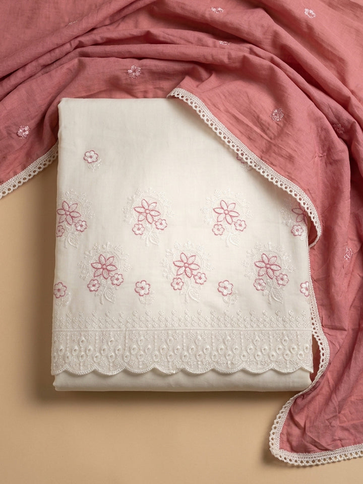 Cream Rust Printed Cotton Blend Unstitched Suit &amp; Pant With Cotton Dupatta