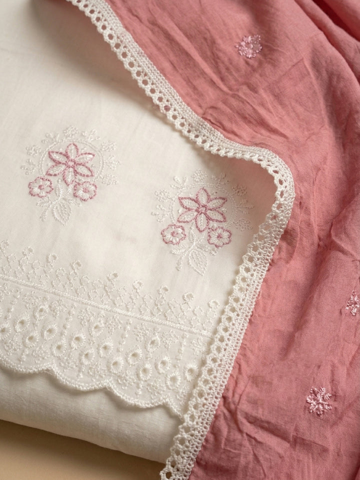 Cream Rust Printed Cotton Blend Unstitched Suit &amp; Pant With Cotton Dupatta