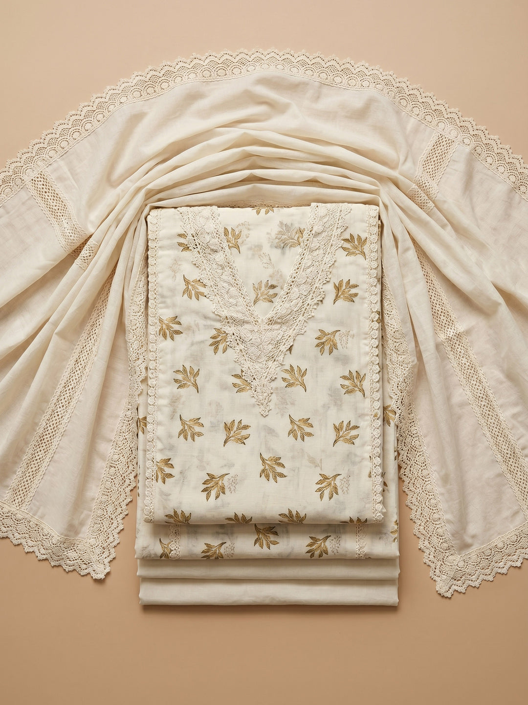 Beige Embroidered Cotton Blend Unstitched Suit With Pant &amp; Dupatta