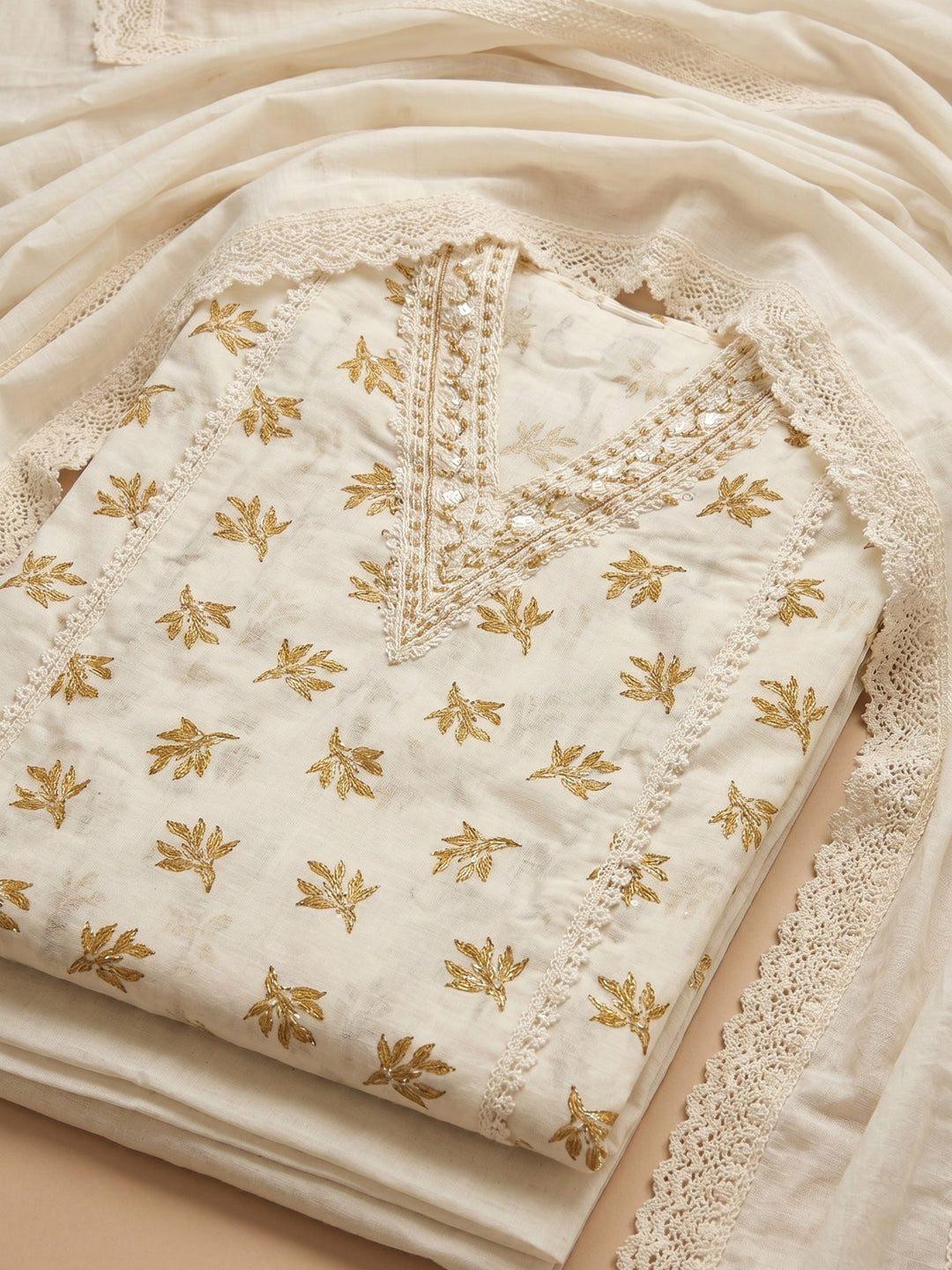 Beige Embroidered Cotton Blend Unstitched Suit With Pant &amp; Dupatta