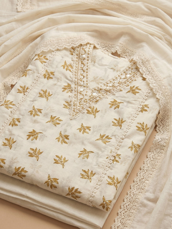 Beige Embroidered Cotton Blend Unstitched Suit With Pant &amp; Dupatta
