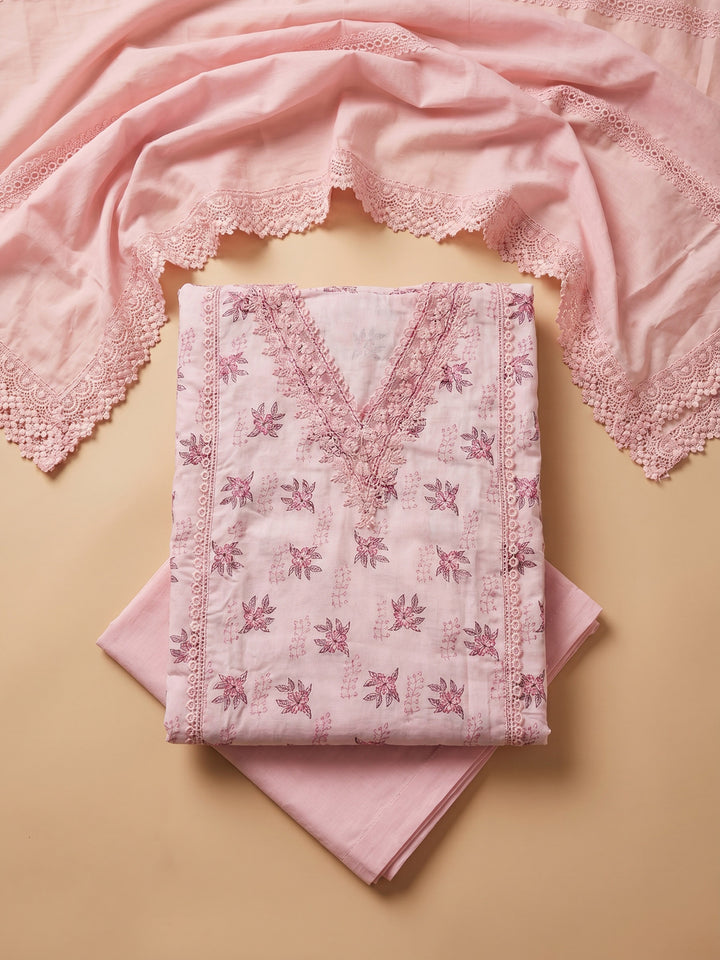 Peach Embroidered Cotton Blend Unstitched Suit With Pant &amp; Dupatta