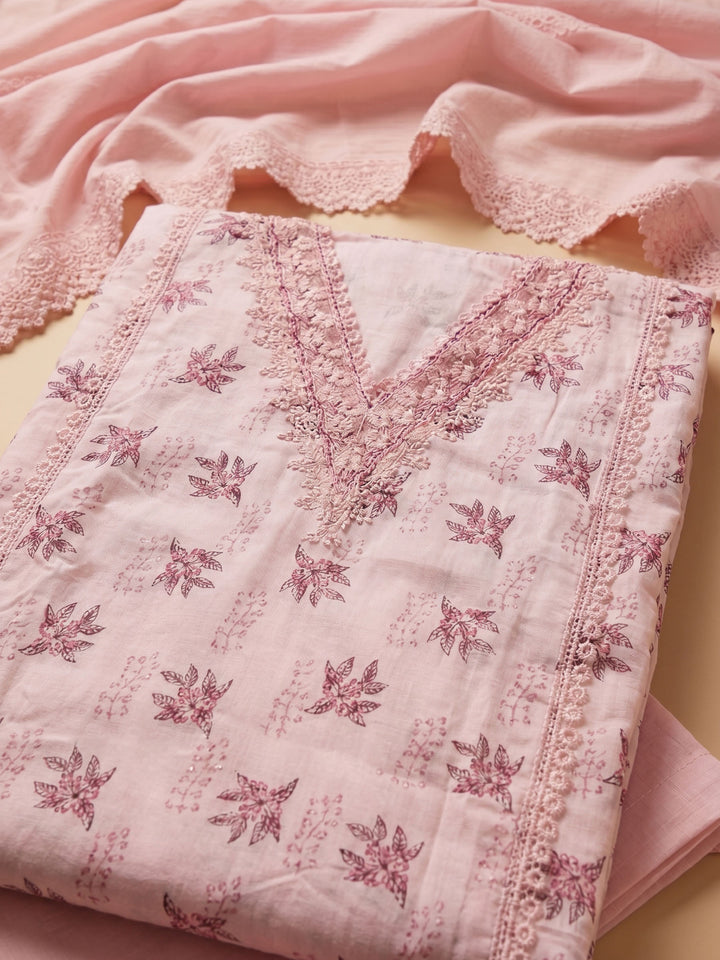 Peach Embroidered Cotton Blend Unstitched Suit With Pant &amp; Dupatta