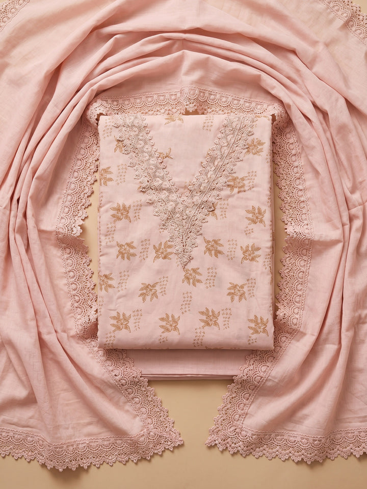 Pink Embroidered Cotton Blend Unstitched Suit With Pant &amp; Dupatta