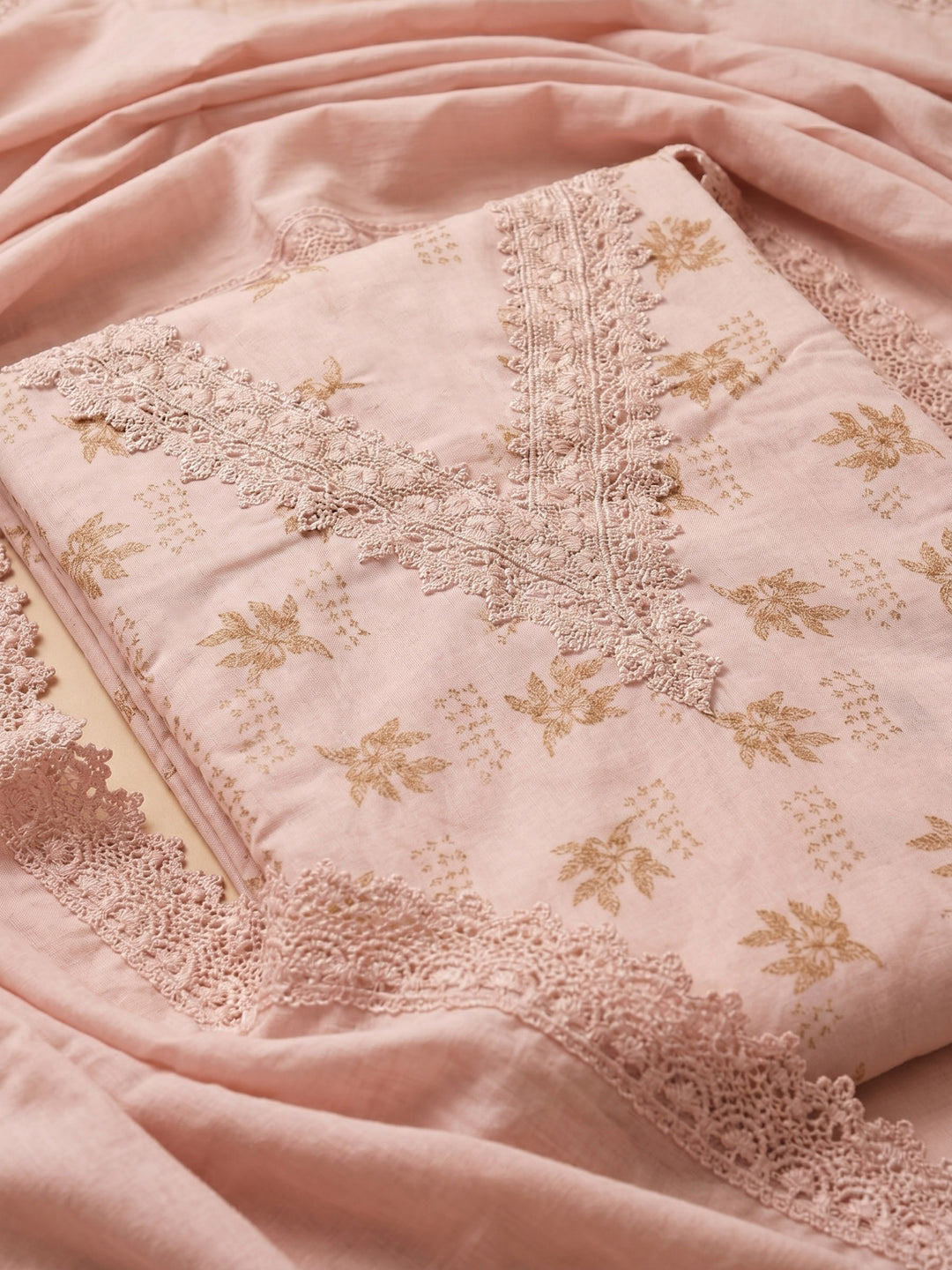 Pink Embroidered Cotton Blend Unstitched Suit With Pant &amp; Dupatta