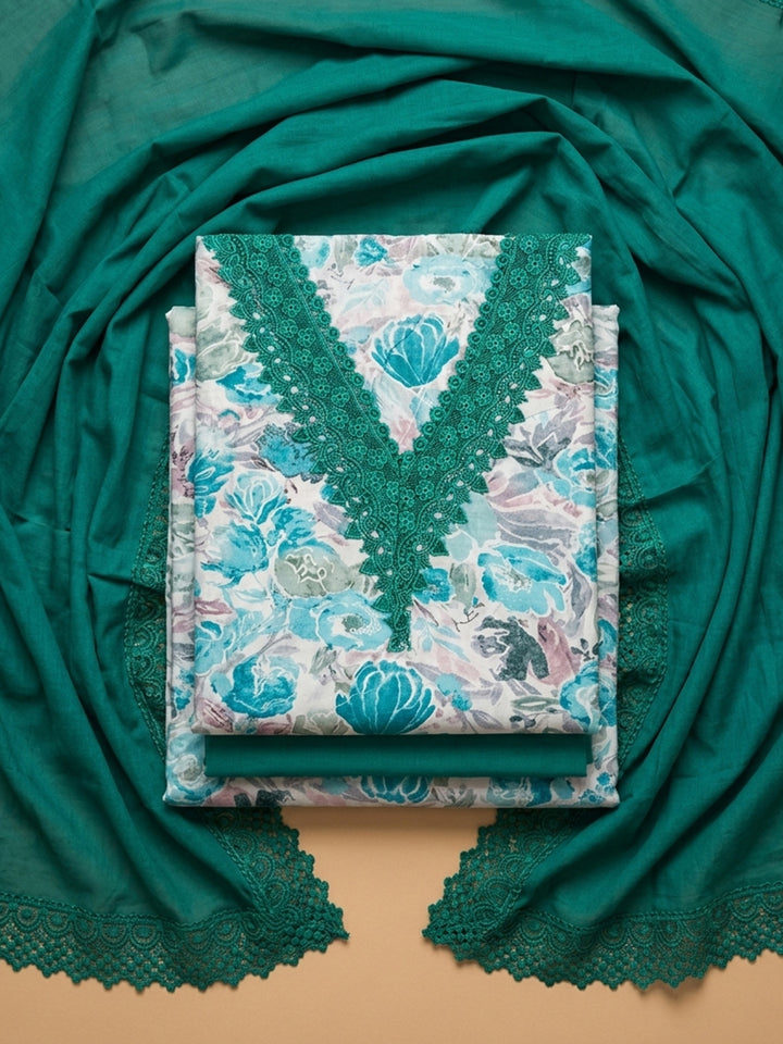 Green Embroidered Cotton Blend Unstitched Suit &amp; Pant With Cotton Dupatta